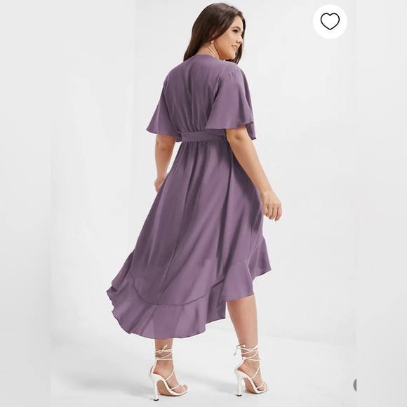 Bloom Dress - Solid Tie Surplice Ruffle High Low Dress - Picture 2 of 5